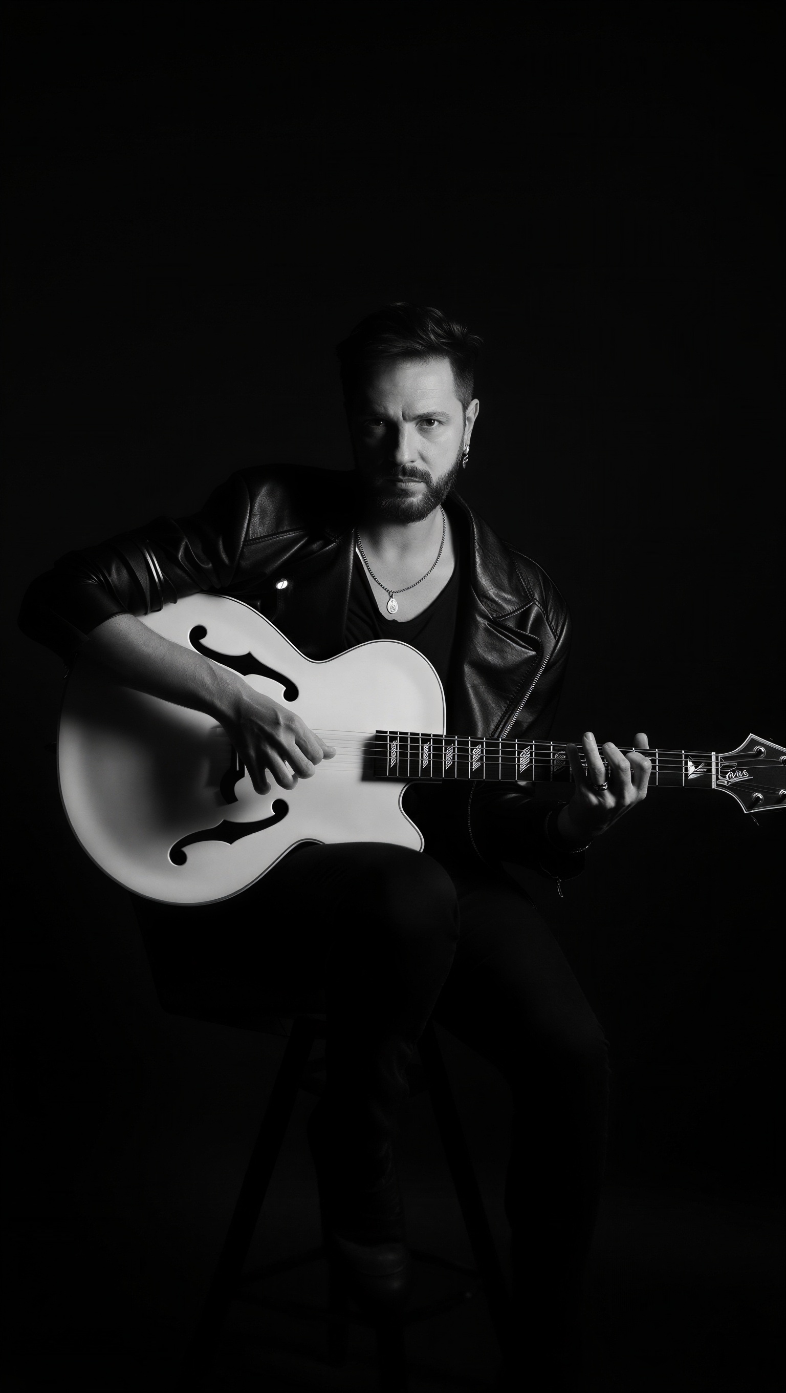 Francis Valadj com guitarra em retrato de estúdio